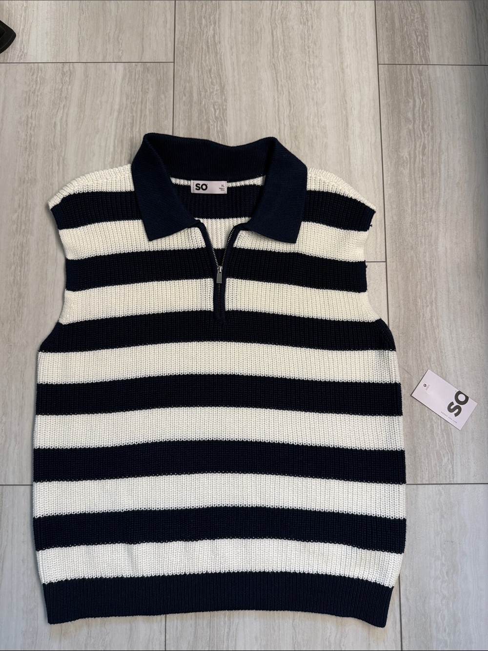 SO Navy and White Striped Zip-Collar Knit Sleeveless  top NWT